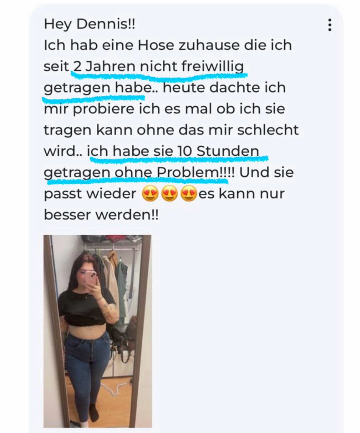 Kundinnennachricht über eine Hose, die nach zwei Jahren wieder passt